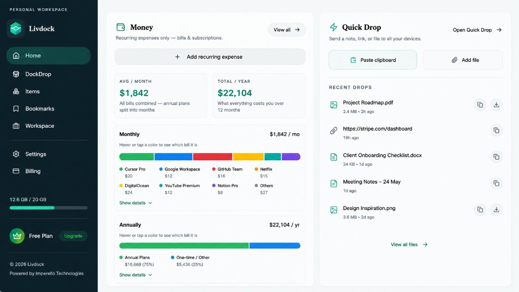 Livdock Home — Money recurring expenses and Quick Drop across your devices